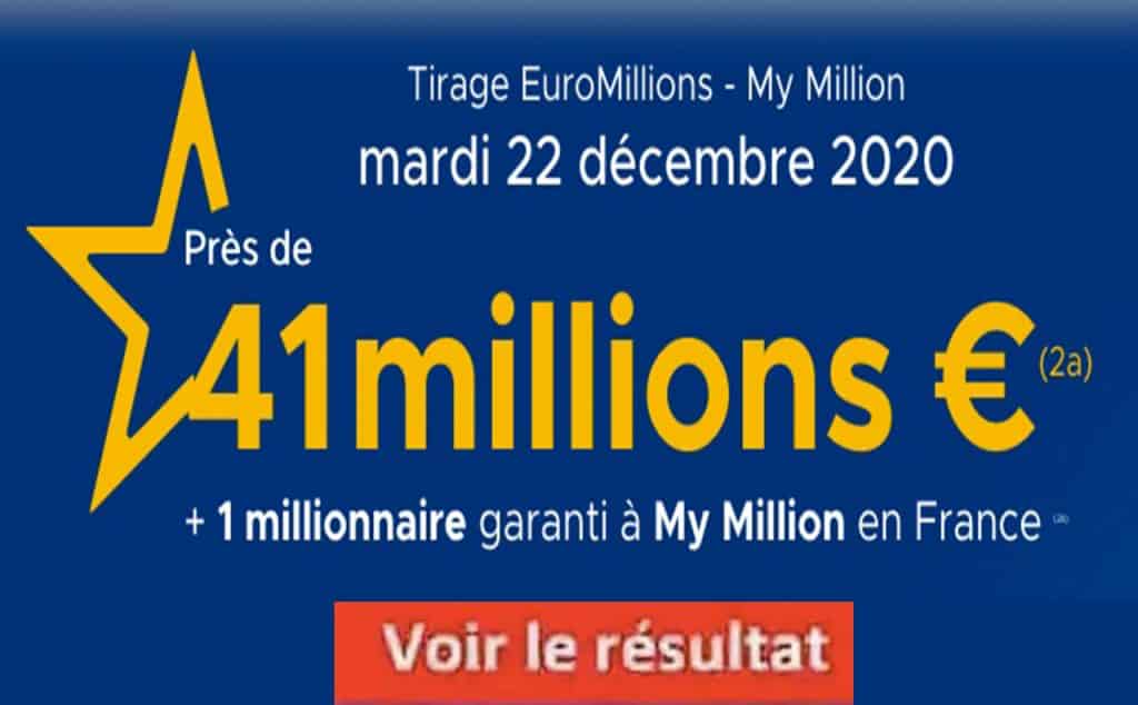 Résultat Euromillions et My Million tirage FDJ 22 décembre 2020 et