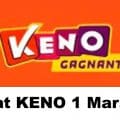 Resultat KENO 1 Mars 2021 tirage midi et soir