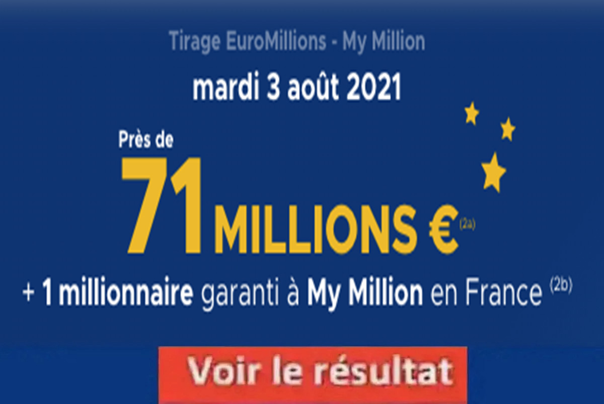 Résultat Euromillions et My Million tirage FDJ 3 aout 2021