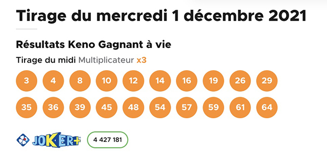 Resultat KENO 1 décembre 2021 tirage midi