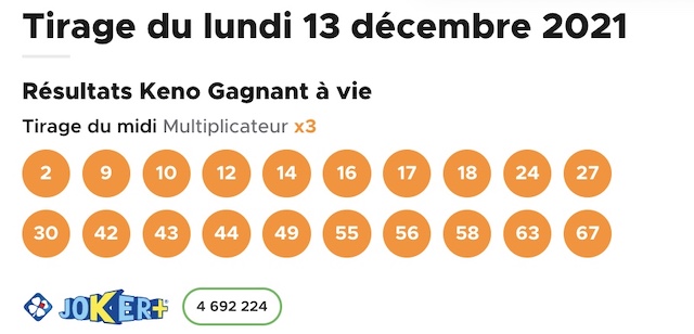 Resultat KENO 13 décembre 2021 tirage midi