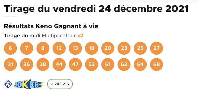Resultat KENO 24 Décembre 2021 tirage midi