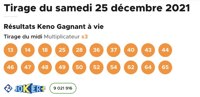 Resultat KENO 25 Décembre 2021 tirage midi