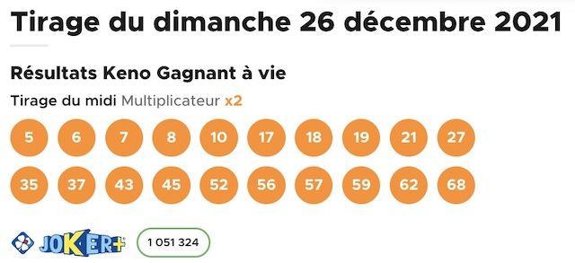 Resultat KENO 26 décembre 2021 tirage midi