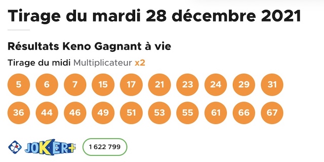 Resultat KENO 28 Décembre 2021 tirage midi