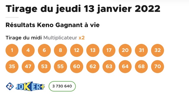 Resultat KENO 13 Janvier 2022 tirage midi