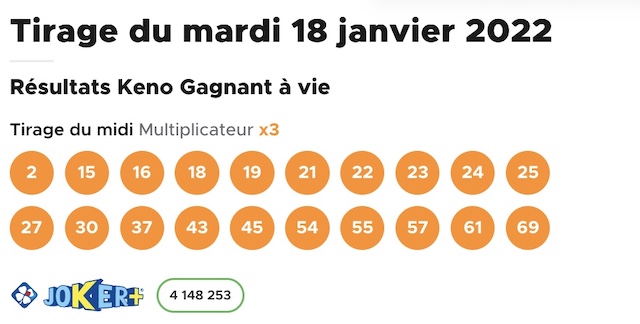 Resultat keno 18 janvier 2022 tirage midi