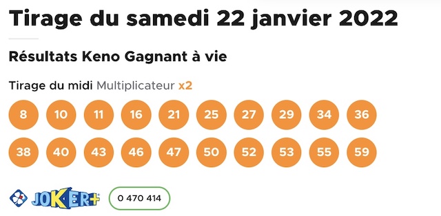 Résultat keno 22 janvier 2022 tirage midi
