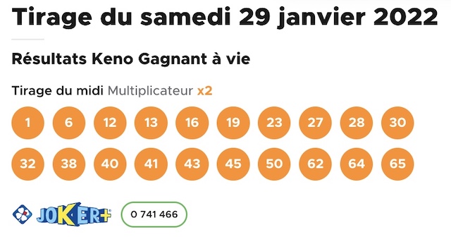 Résultat keno 29 janvier 2022 tirage midi
