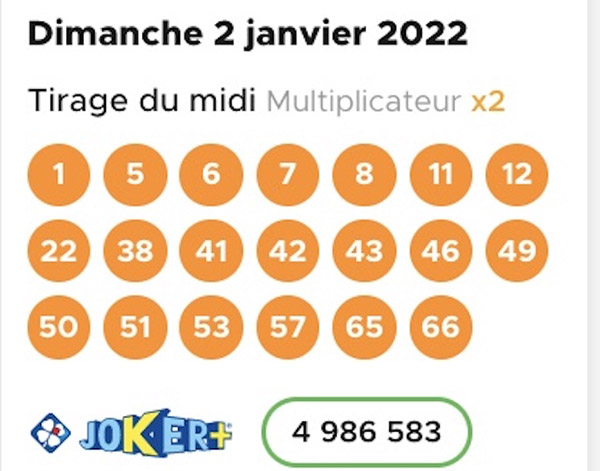 Resultat LOTO 2 Janvier 2022 Tirage midi