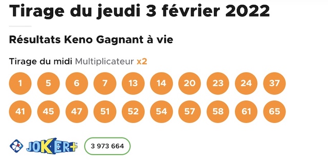 Résultat keno 3 février 2022 tirage midi