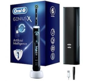 Oral-B Genius X Noir, Brosse à Dents Électrique Rechargeable, Souple pour Voyage, Manche Intelligence Artificielle, 1 Brossette et 1 Étui de Voyage Premium Offert