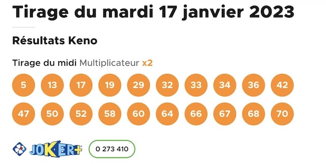 resultat keno 17 janvier 2023 tirage midi