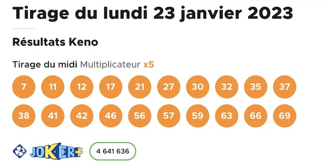 resultat keno 23 janvier 2023 tirage midi