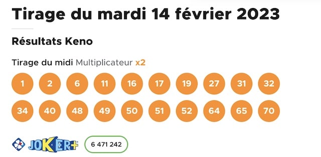resultat keno 14 fevrier 2023 tirage midi