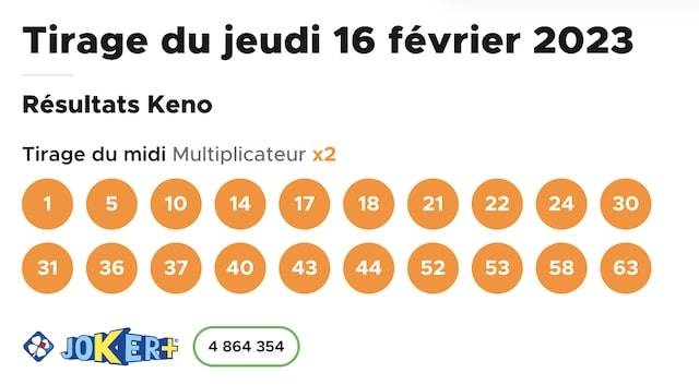 resultat keno 16 fevrier 2023 tirage midi