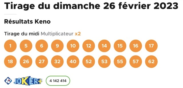 resultat keno 26 fevrier 2023 tirage midi
