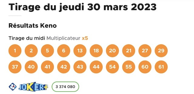 resultat keno 30 mars 2023 tirage midi