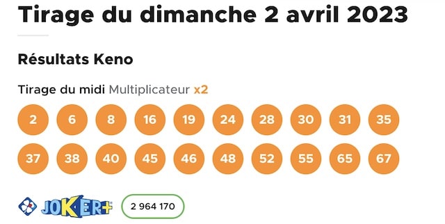 resultat keno 2 avril 2023 tirage midi