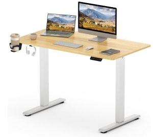 SANODESK Bureau Assis Debout Électrique 110 x 60 cm, Plateau Complet, Bureau Debout Réglable en Hauteur avec Crochet/Porte-Bouteille Fonction Mémoire, Fonction de Rappel de Sédentarité, Blanc+Érable